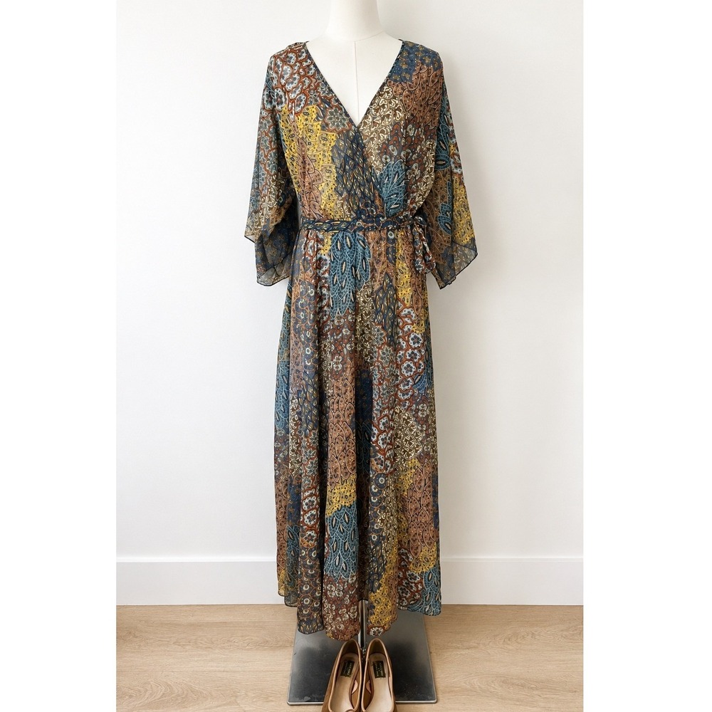 Kate and Lily Paisley Fairycore Boho Sheer Maxi Dress 10 Swamp core floaty